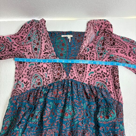 Anthropologie Floreat Valo Velvet Burnout Boho Silk Blend Teal Pink Top S - Picture 8 of 12
